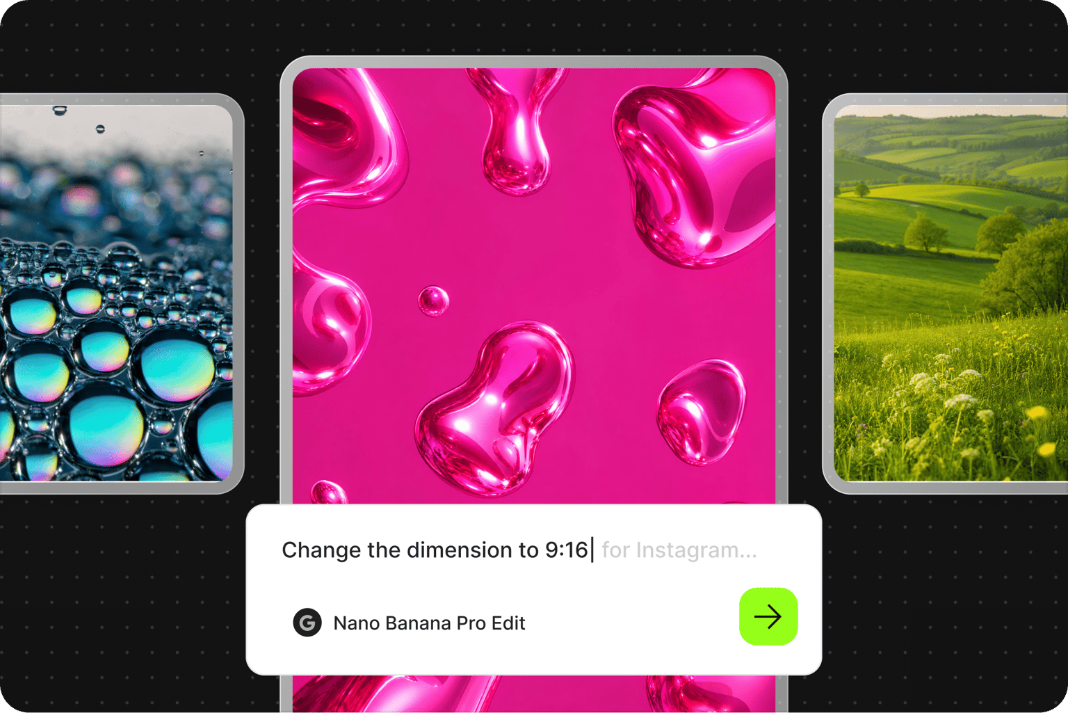 Pink liquid background resized to 9 by 16 for Instagram, with bubble and grass field thumbnails beside it