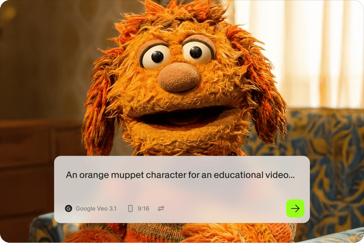 Shaggy orange puppet character staring forward with an AI graphic creator tool prompt window bar overlay.