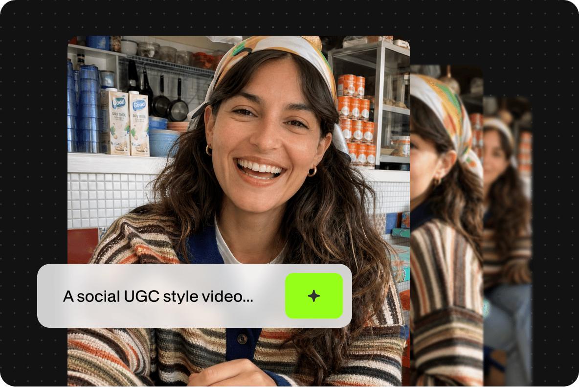 Smiling woman in a headscarf shown in a user generated content style AI animation text prompt overlay.