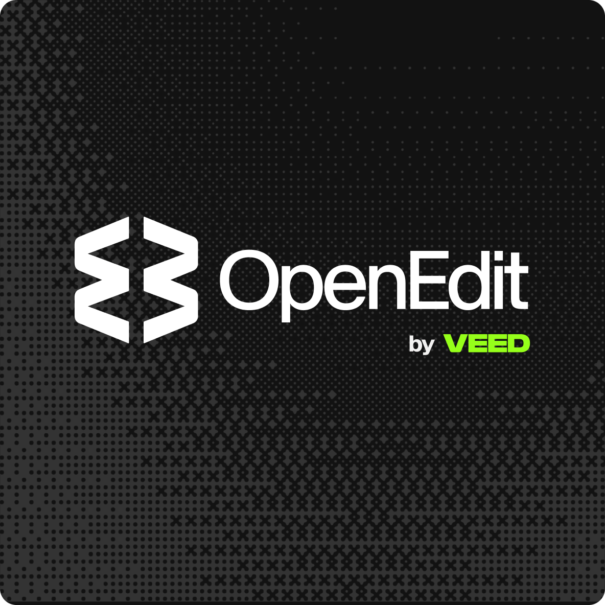 White OpenEdit logo by VEED displayed on dark textured background with halftone dot pattern