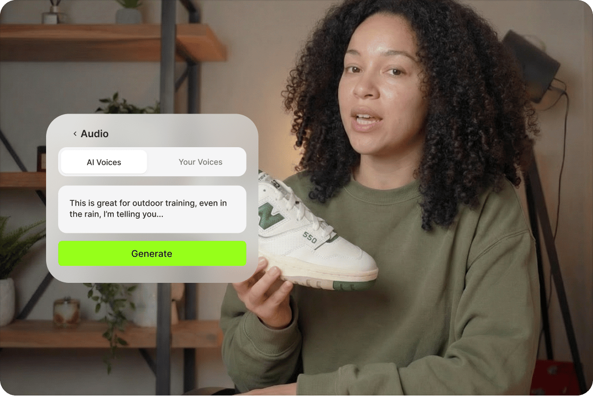 Woman holding up a white sneaker next to an AI voices tool window displaying a text to speech generation bar.