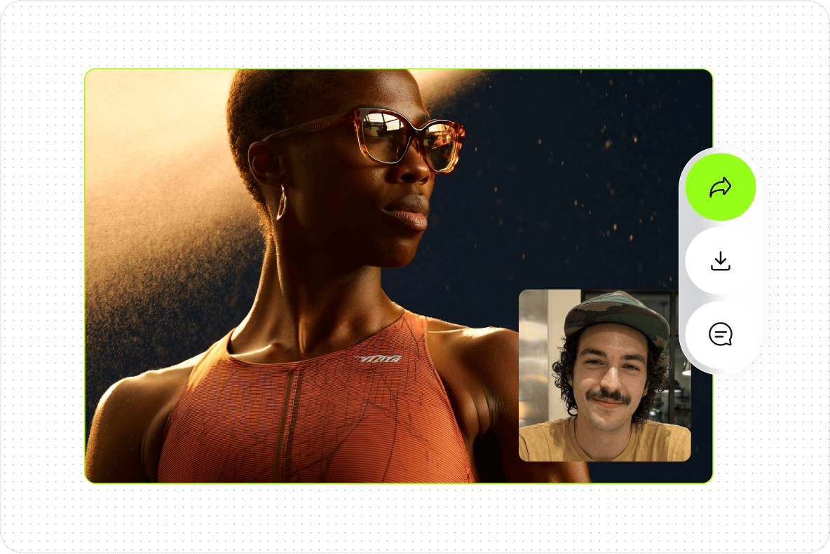 Video editing interface showing a woman athlete and a man in a small webcam recorder preview window.