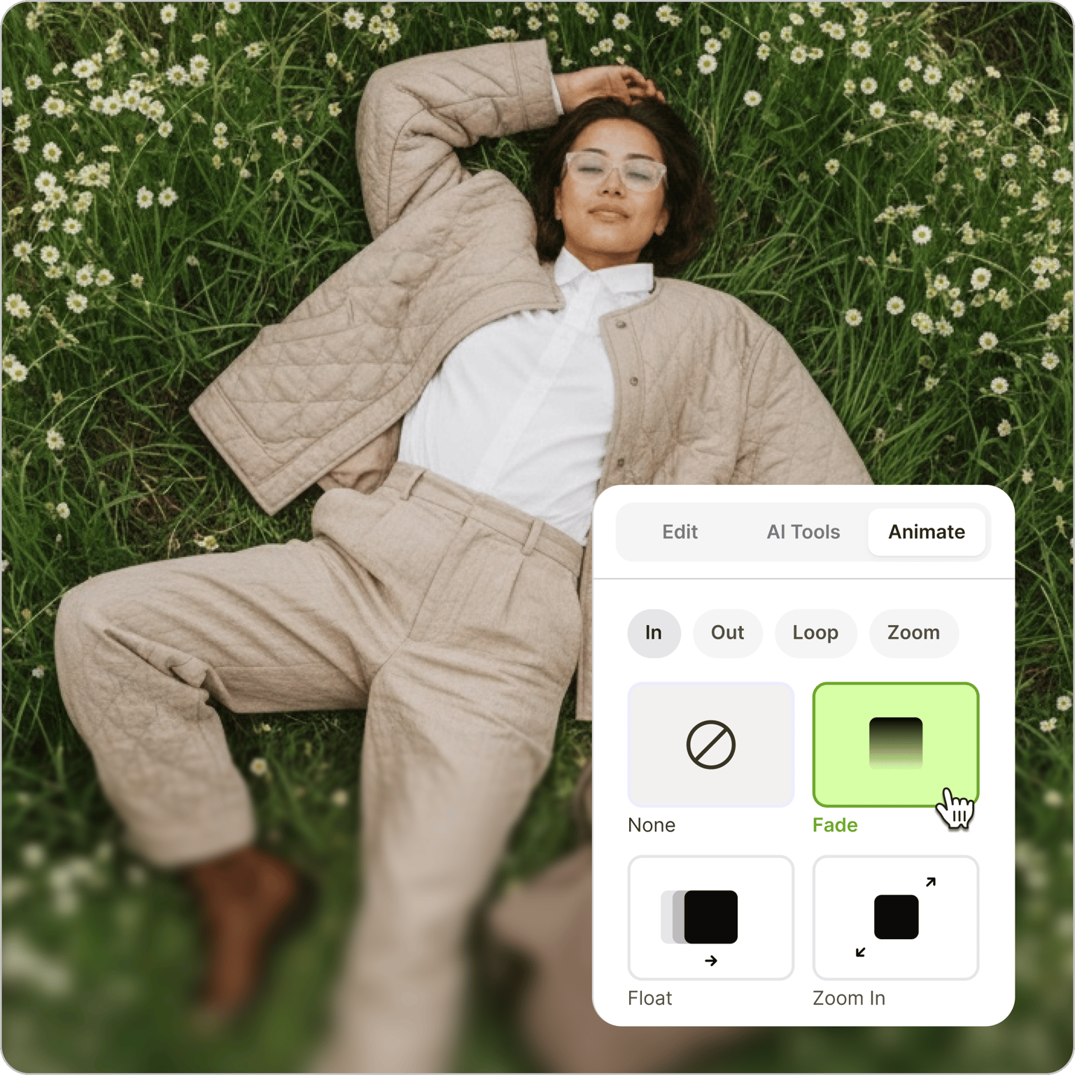 Woman lying in a grassy field of flowers with an animation effect menu overlay for a photo animator tool.