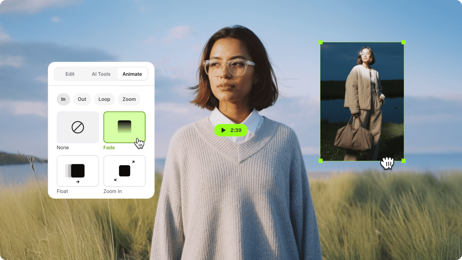 Woman in a sweater with a picture animation graphic in an online image editing platform interface.