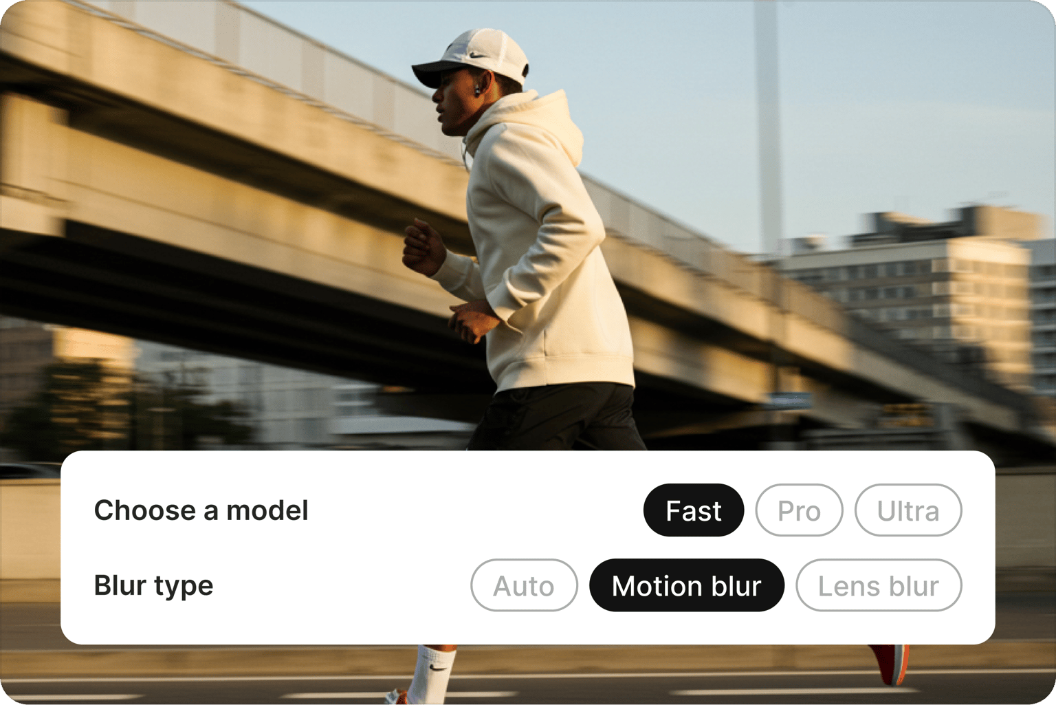 Jogger in a cap running past an overpass, with Fast model and Motion blur type selected in the unblur options