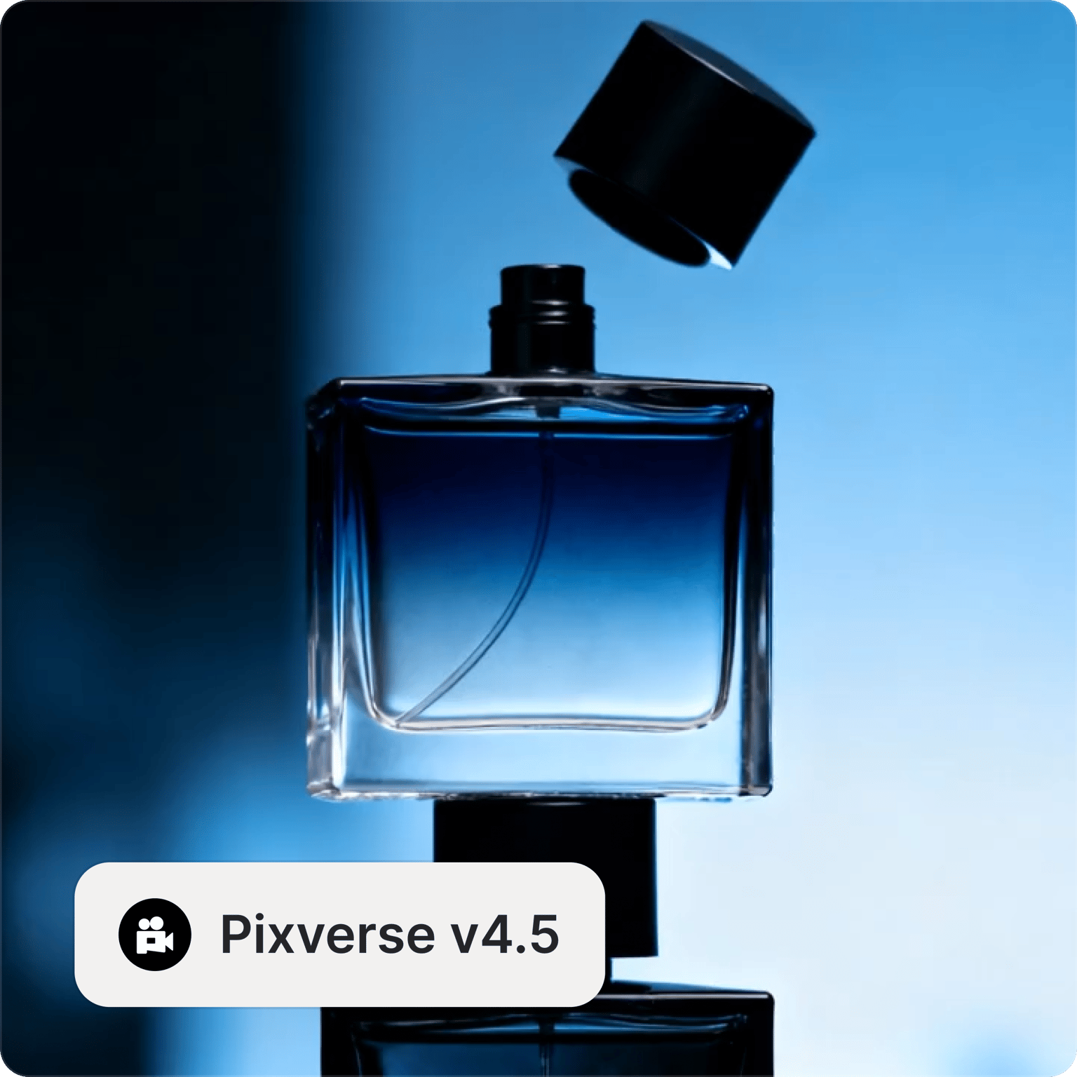 Pixverse v4.5 text to video model showing a blue glass perfume bottle with a floating black cap on a blue background