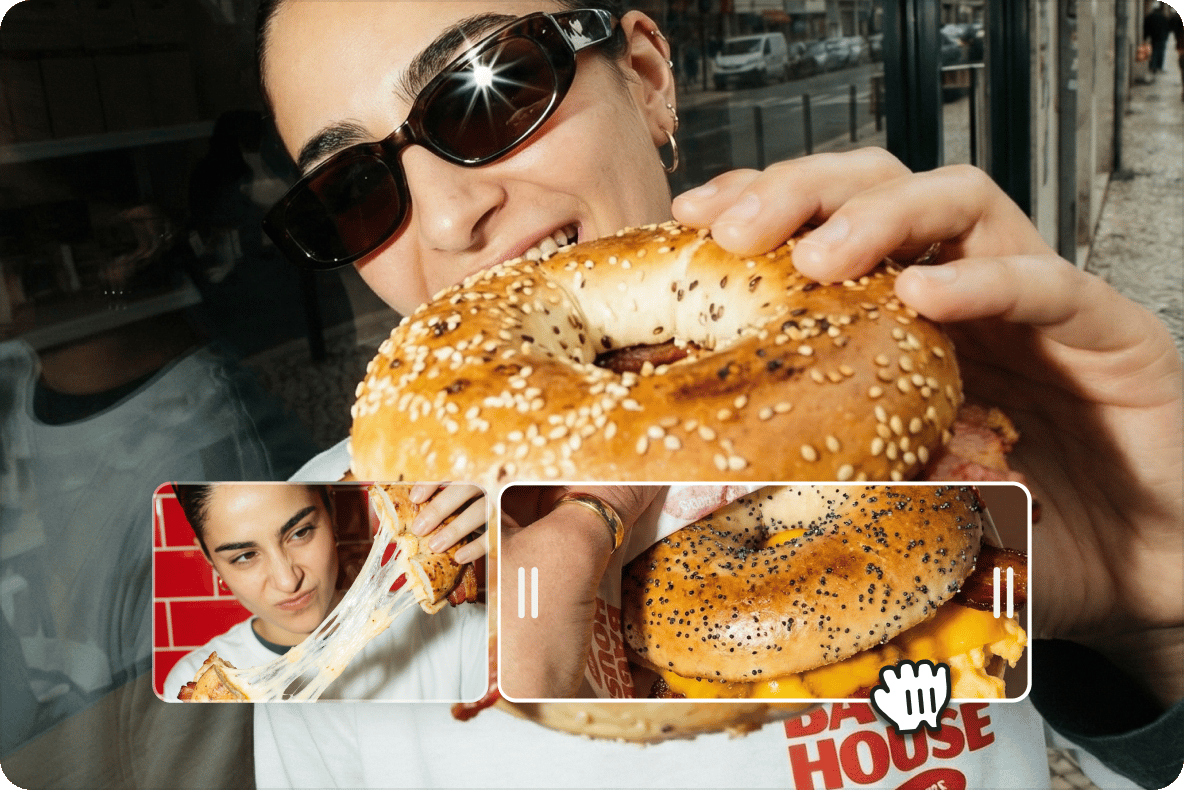 Woman eating a bagel with video editing overlay previews showing dynamic food clips on a multimedia creator timeline.