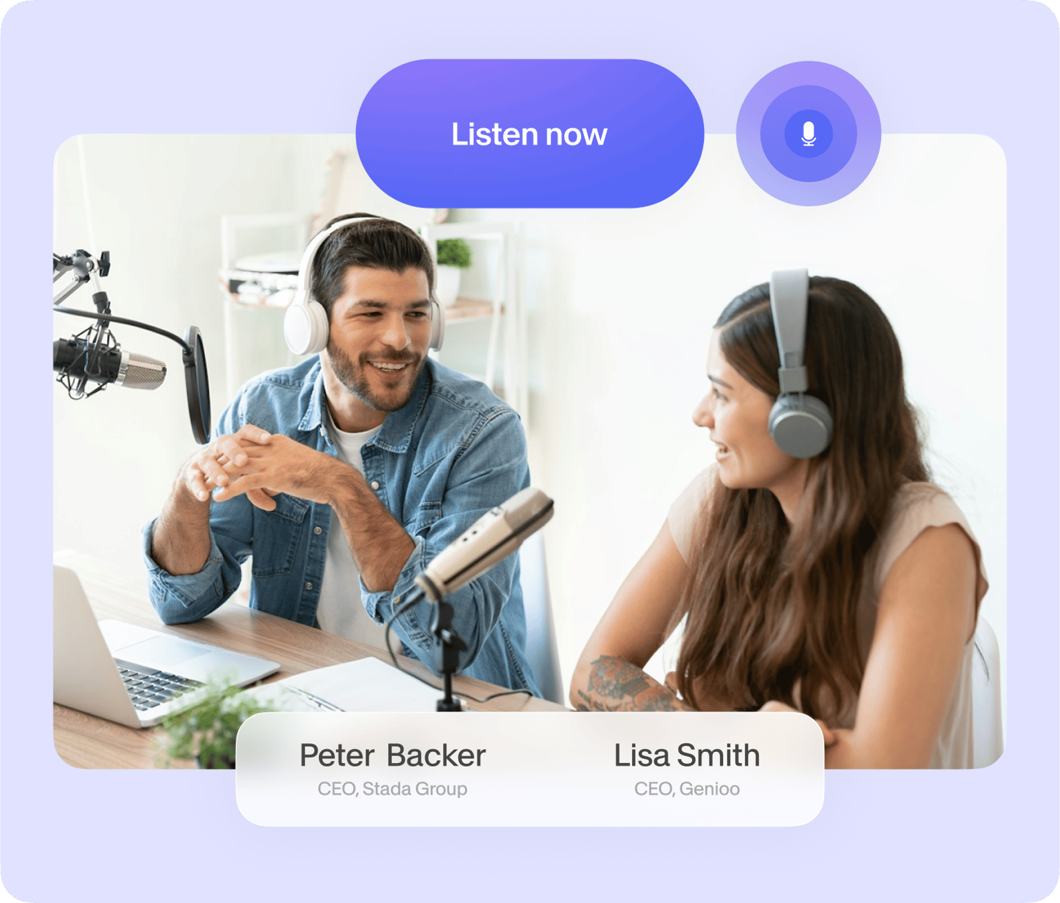 VEED's podcast recording interface with host Peter Backer and guest Lisa Smith featuring a "Listen now" button.