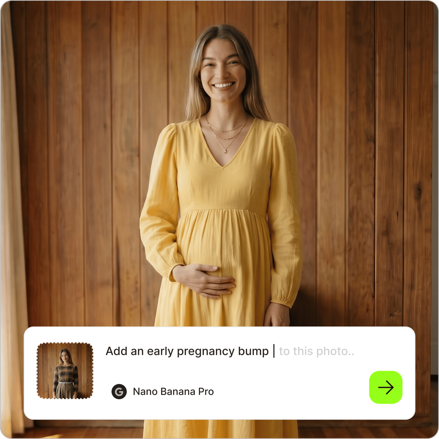 Pregnant AI tool overlay with text prompt to add an early pregnancy bump over a smiling woman in a yellow dress