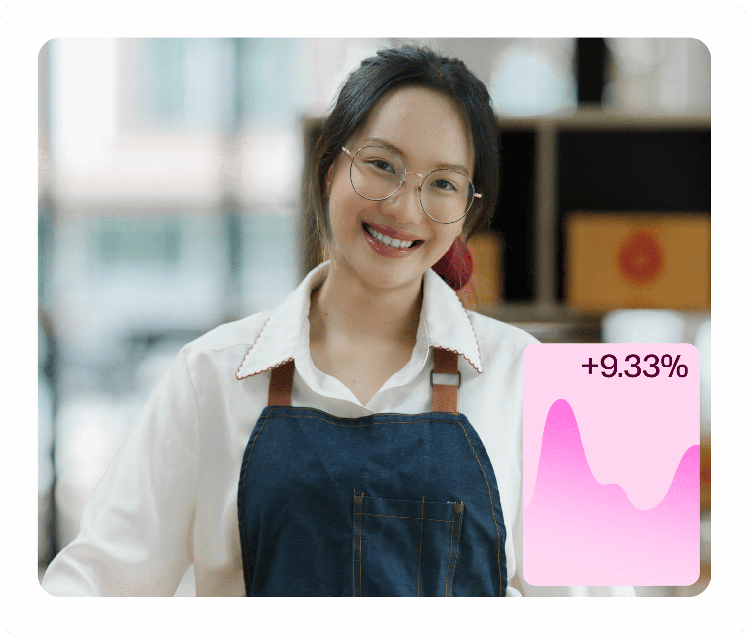 Professional presenter wearing denim apron and glasses, smiling confidently with a chart showing +9.33% performance improvement in the background.