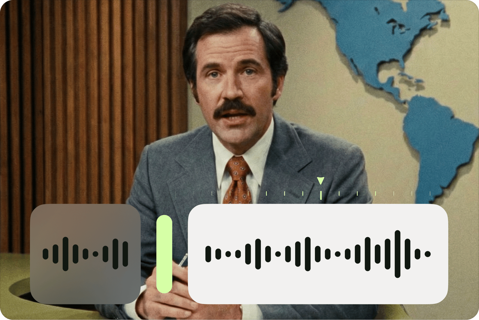 Audio editor interface showing a news anchor at a desk with audio waveform timeline graphics overlaying the screen
