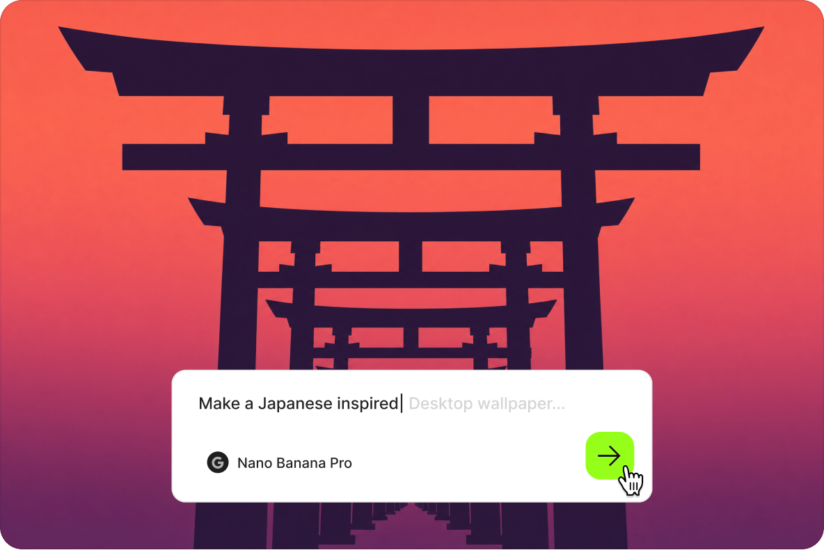 Prompt box entering a Japanese inspired desktop wallpaper request over a Torii gate background at sunset