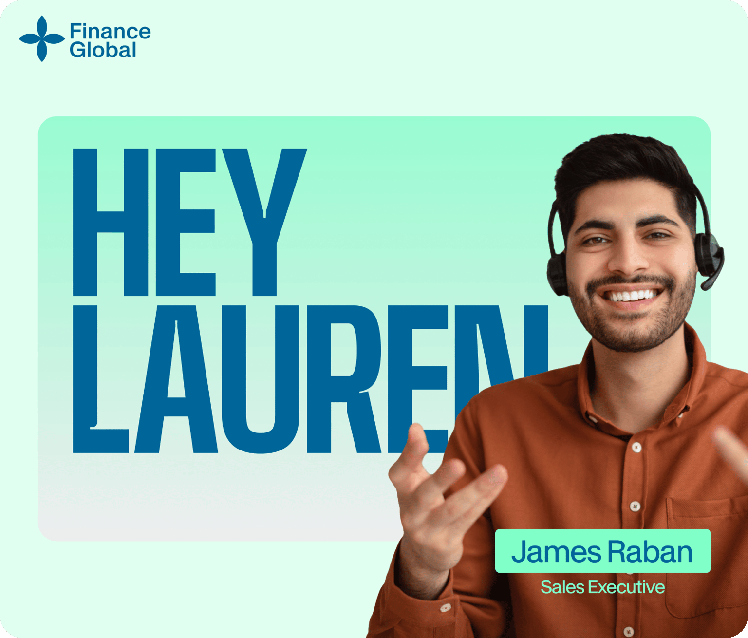 VEED's Prospecting Videos showing personalized greeting 'HEY LAUREN' with James Raben introducing himself.