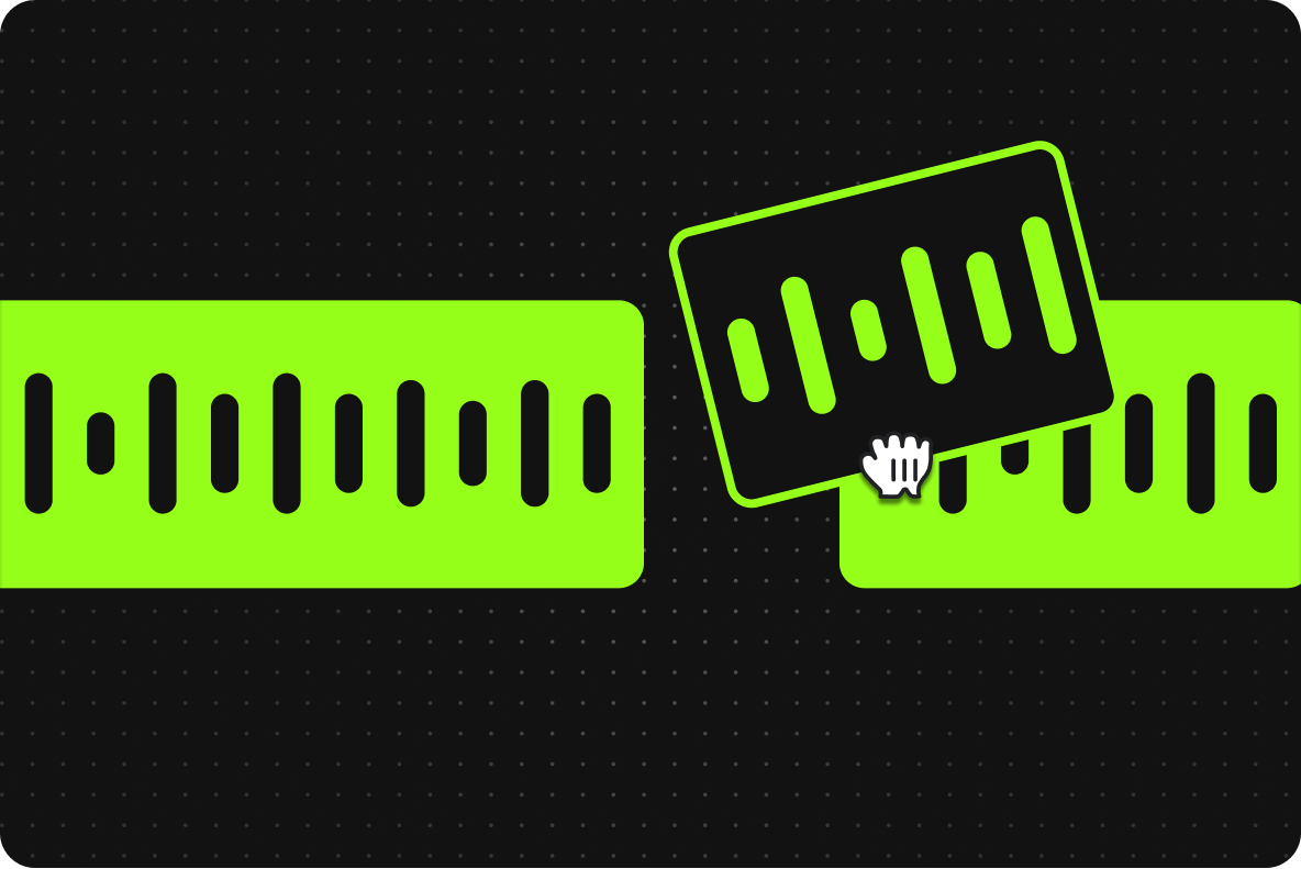 Hand cursor dragging and rearranging a black sound wave card over green audio clip tracks.