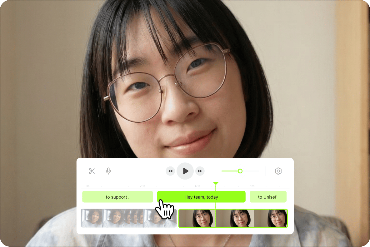Woman with glasses behind a video editor timeline overlay showing audio tracks and clip cutting.