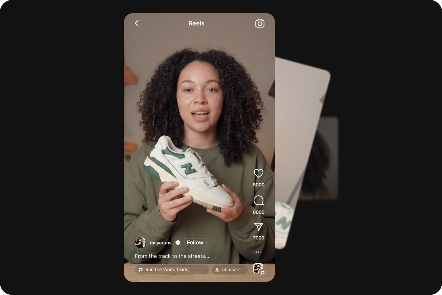 Video editor effects demo showing social media videos reformulated into a vertical reels format featuring a sneaker