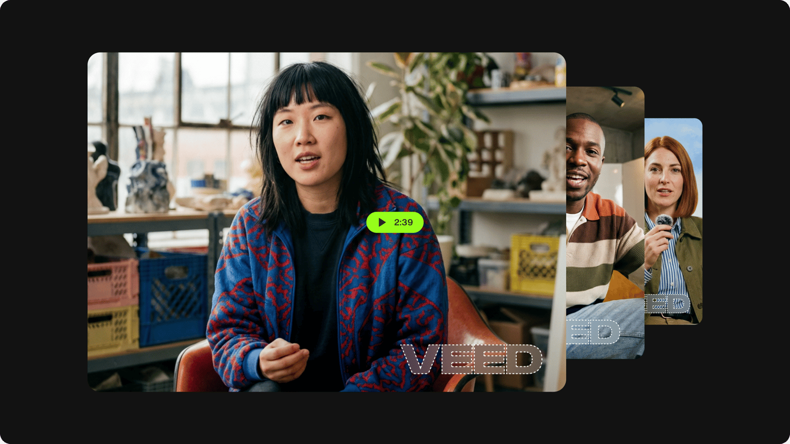 Stacked video player frames of different creators showing dashed outlines around watermarks for easy removal.