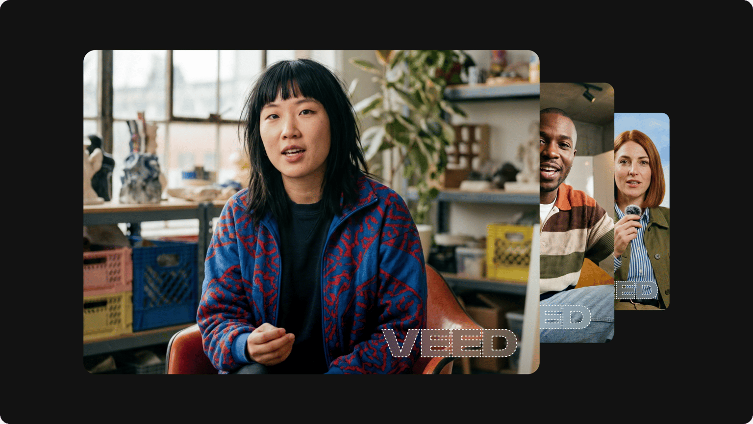 Stacked video player frames of different creators showing dashed outlines around watermarks for easy removal.