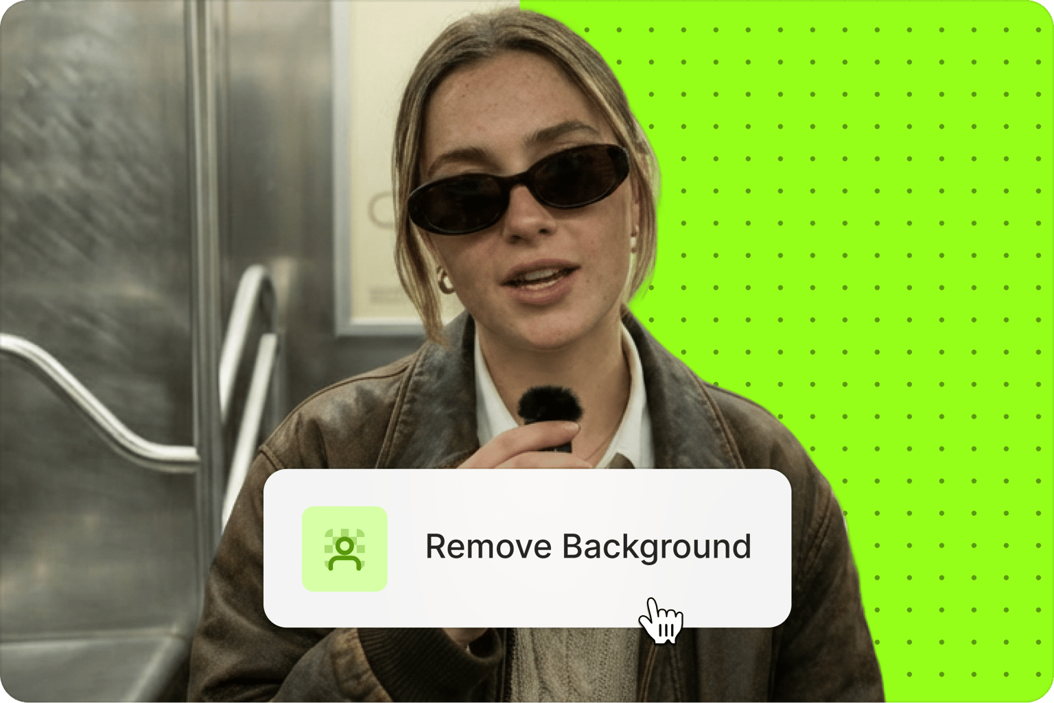 Video Background Remover interface with woman holding mic on subway and green screen background with remove background button