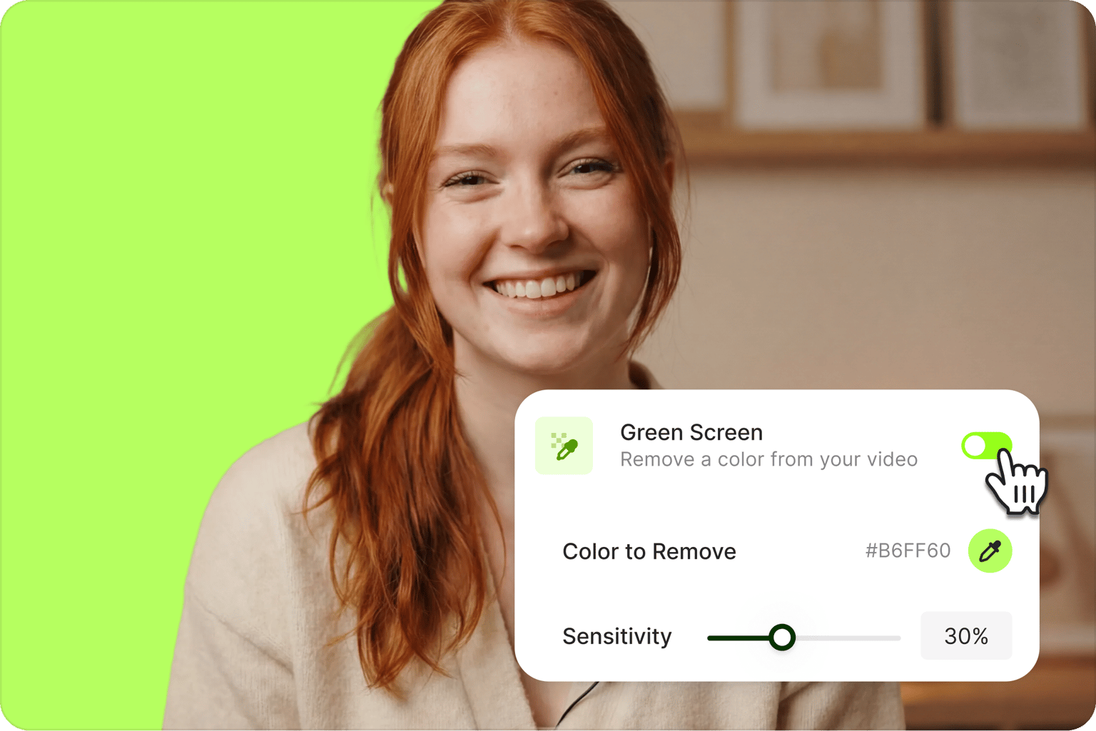 Video Background Remover interface with woman on green screen and controls to remove color and adjust sensitivity