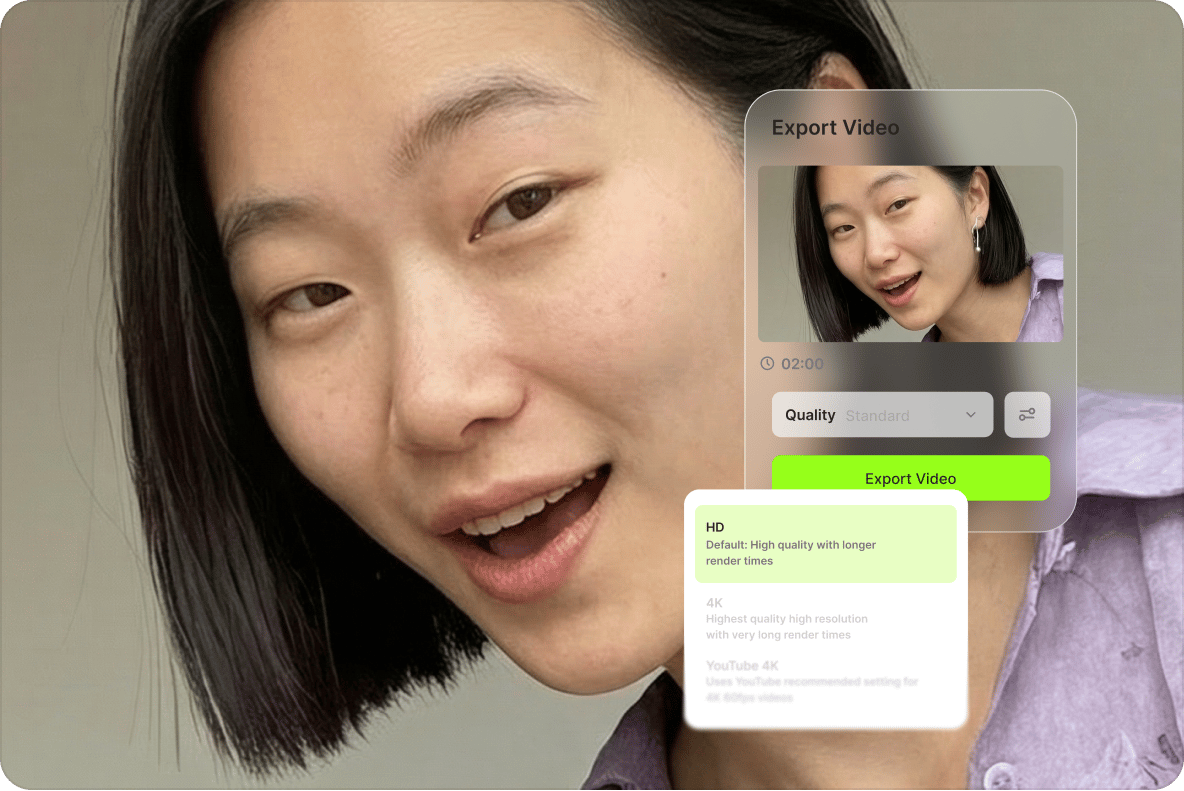 Close up of a woman smiling next to an export video menu showing HD and 4K resolution options.