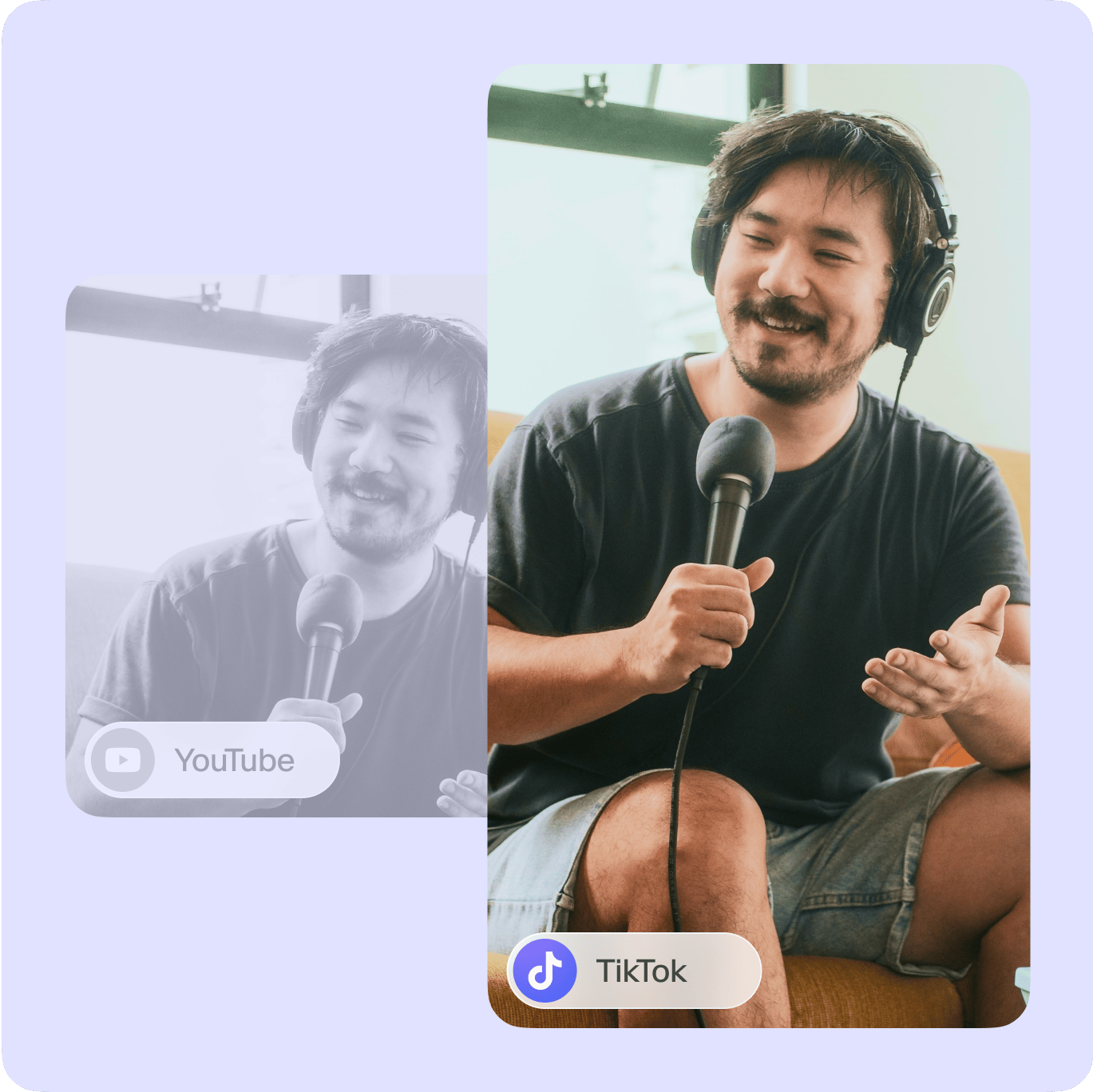 VEED's Video Resizer showing the same video reformatted for YouTube (left) and TikTok (right) dimensions.