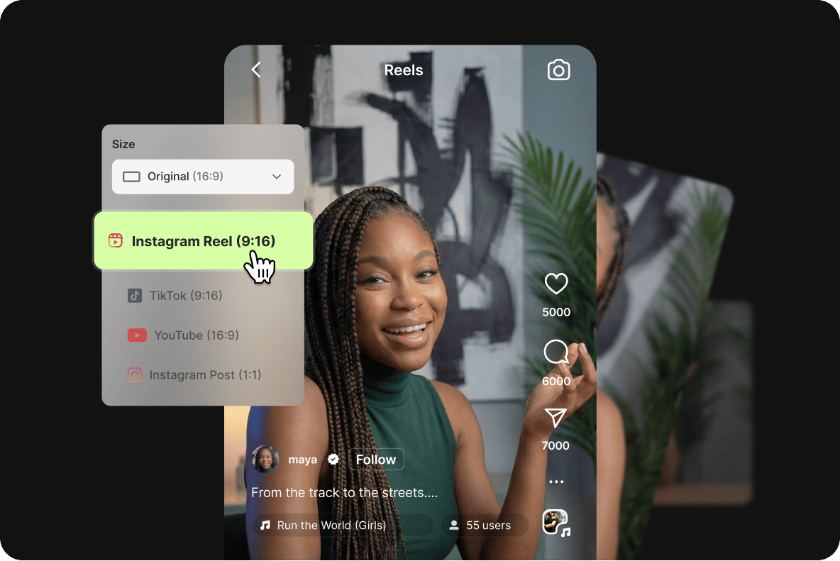 Woman with braids on an Instagram Reel interface with a sizing menu selecting a 9:16 aspect ratio.