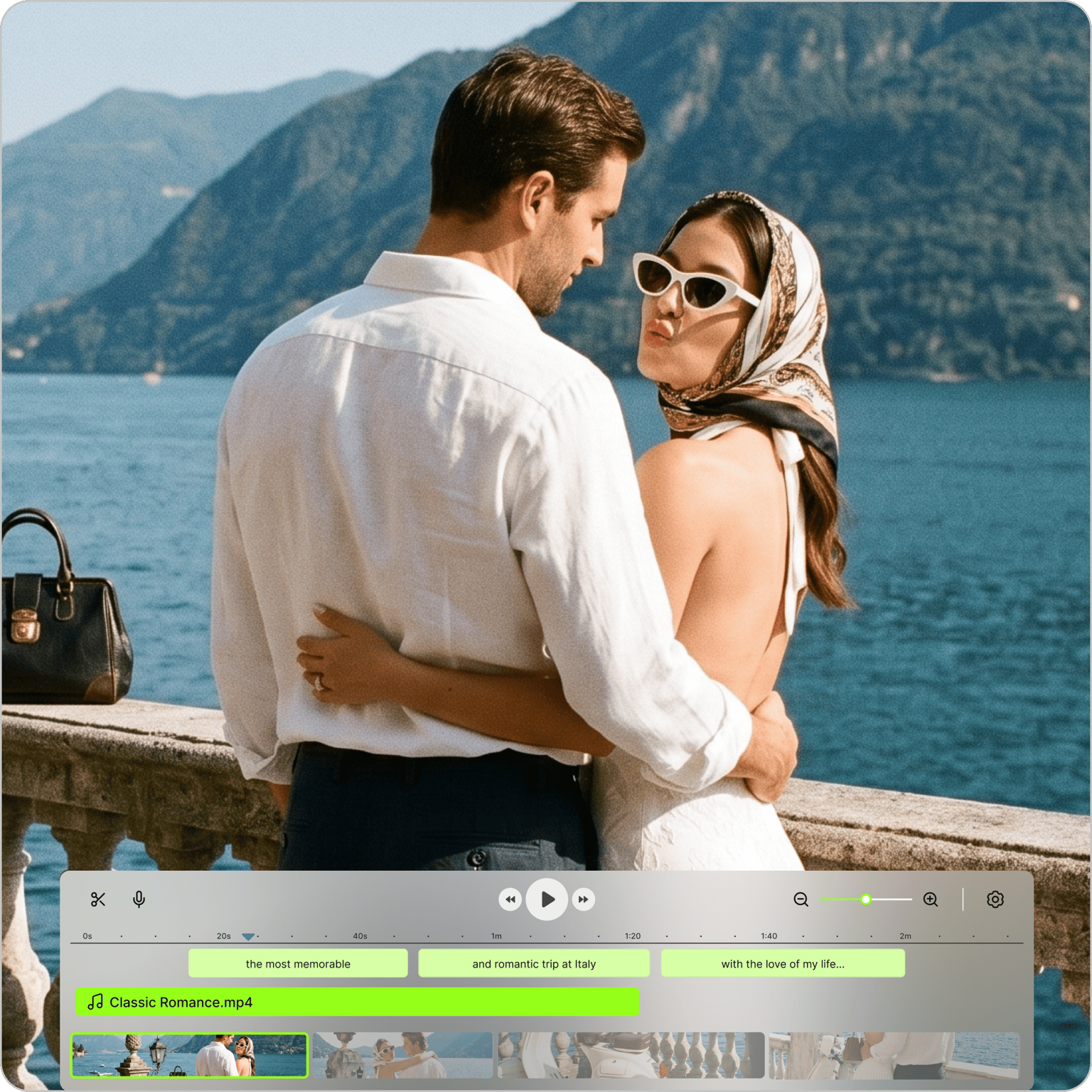 Romantic video online workspace showing an editing timeline under a video of a couple embracing by a lake in Italy
