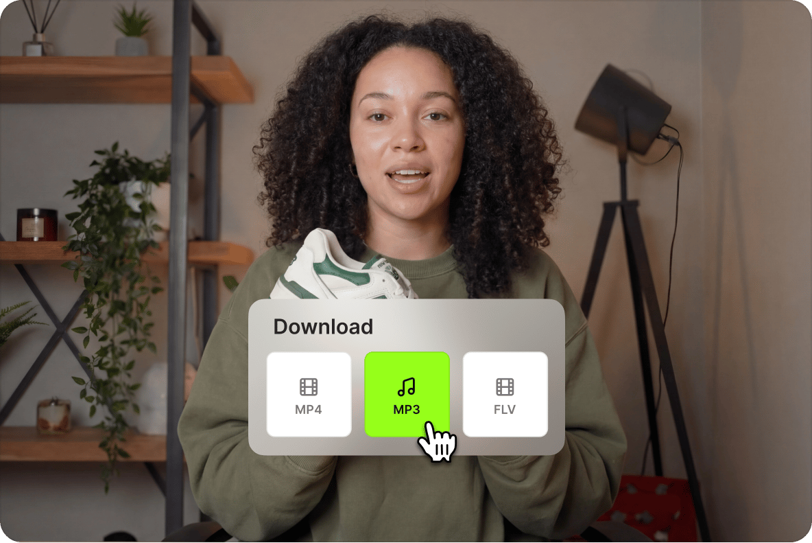Woman holding a sneaker with a video download interface overlay selecting the green MP3 audio format button.