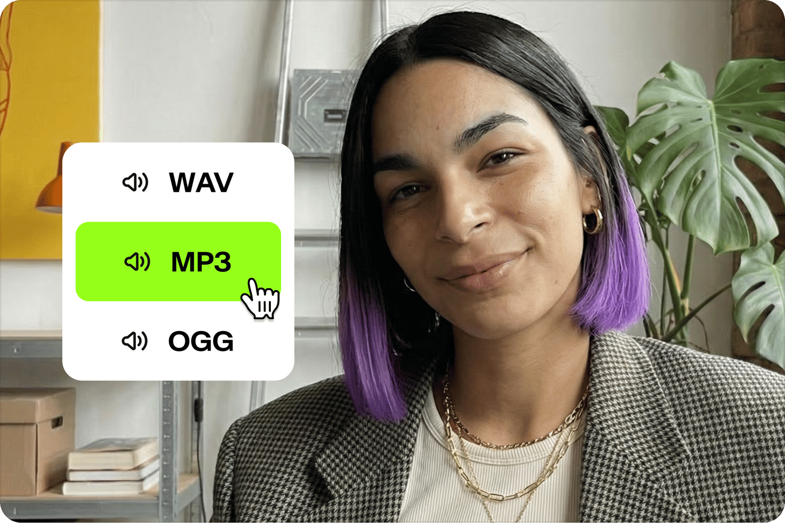 Split audio tool showing cursor selecting MP3 format over a video of a smiling woman with purple hair