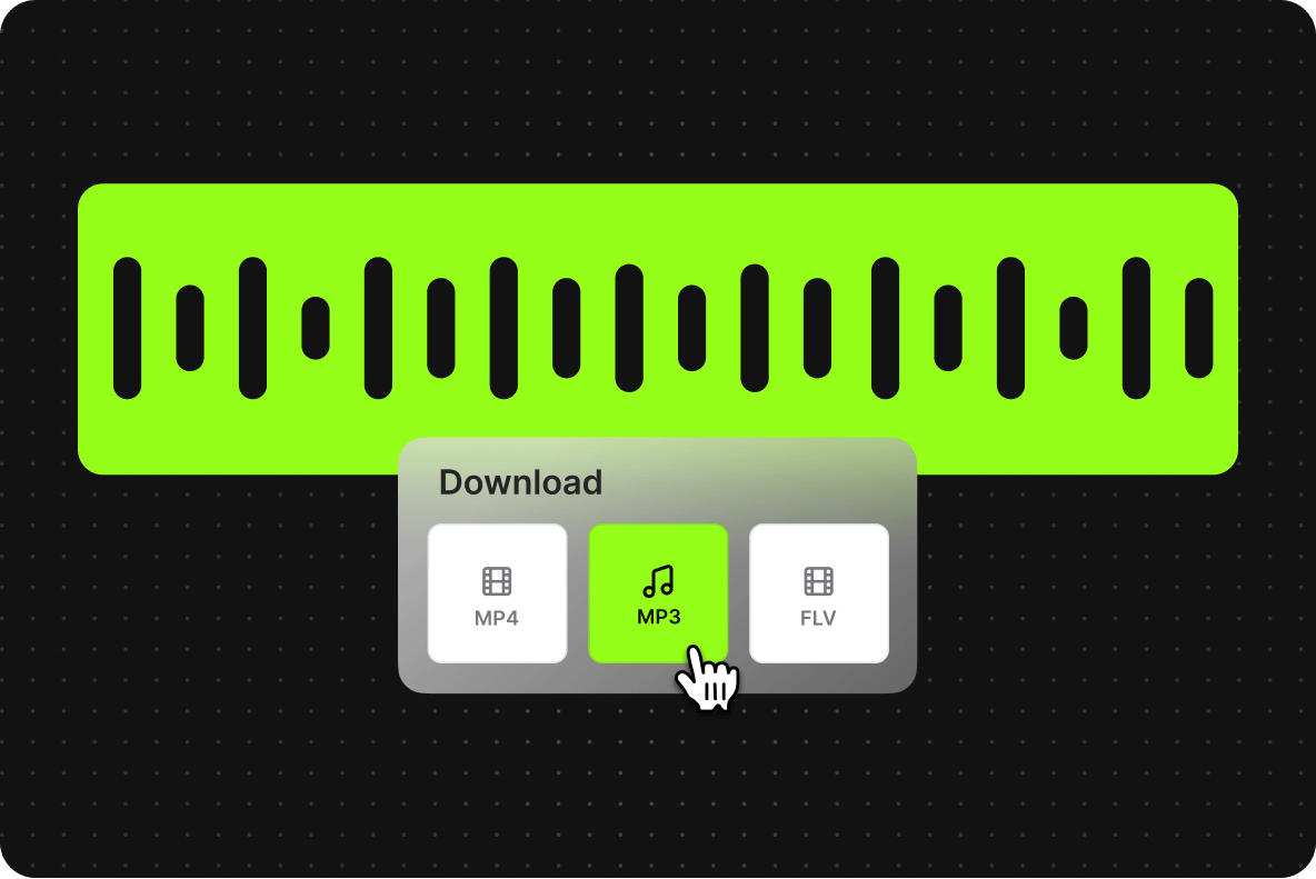 Audio cutter tool download menu with a hand cursor selecting the green MP3 export option below a sound wave timeline