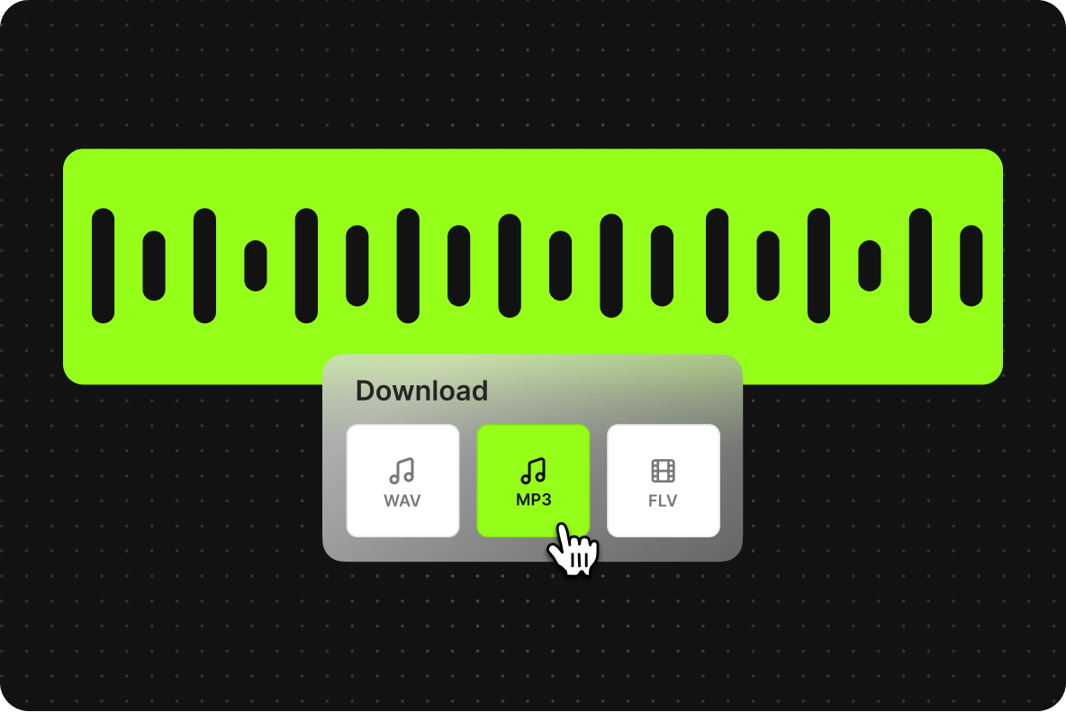 Audio cutter tool download menu with a hand cursor selecting the green MP3 export option below a sound wave timeline