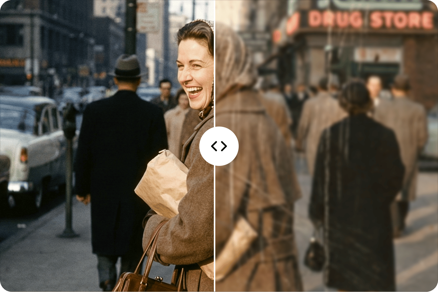 Before and after slider on a vintage street photo of a laughing woman, sharp on the left and blurry on the right