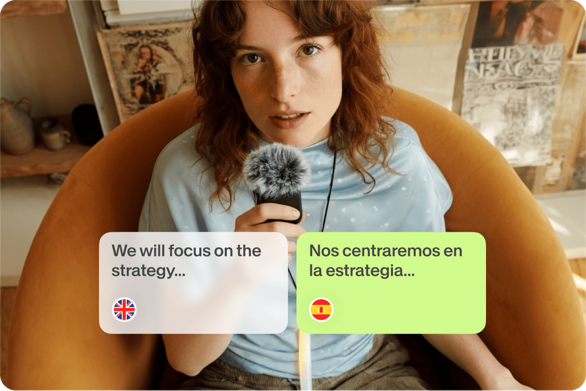 Woman holding a microphone with English and Spanish speech bubbles showing multilingual AI lip sync video translation