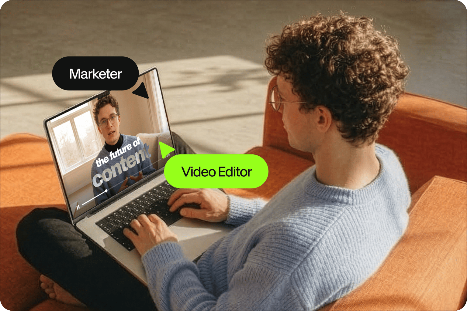 Man using laptop showing scalable workflow for teams with marketer and video editor cursors over a video screen