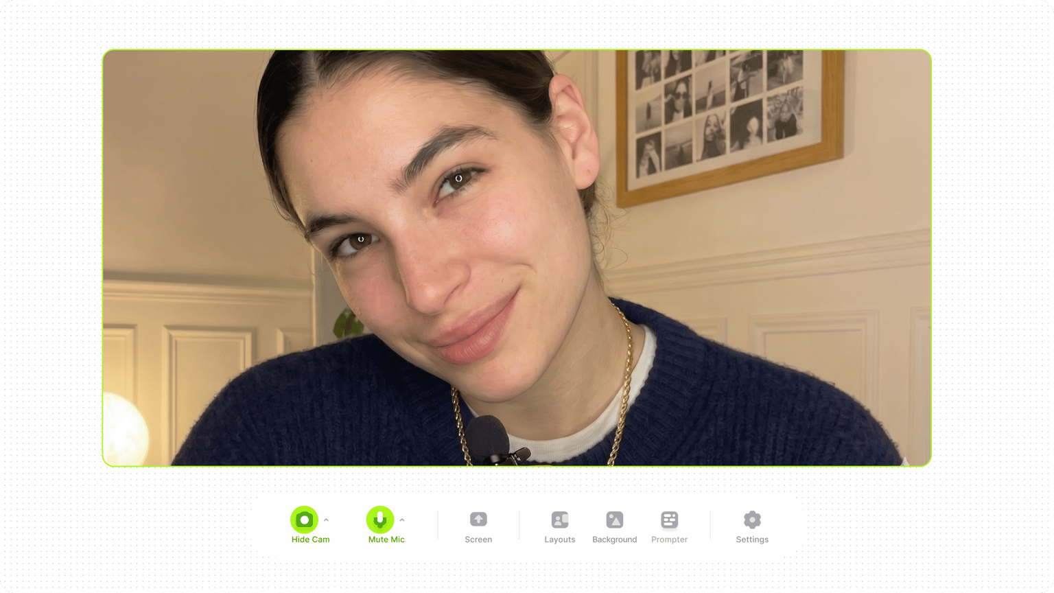 Woman smiling during a screen capture video recording session with control settings visible on the bottom menu.