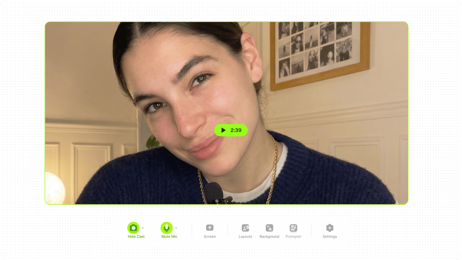 Woman smiling during a screen capture video recording session with control settings visible on the bottom menu.