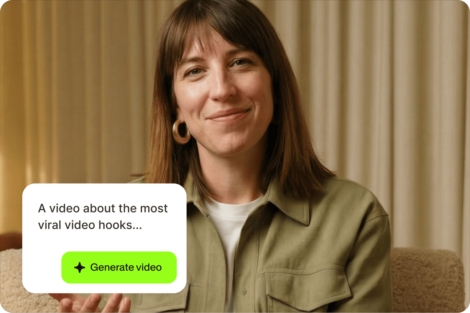 AI Video Script Generator prompt over woman smiling indoors with generate video button for creating viral video hooks
