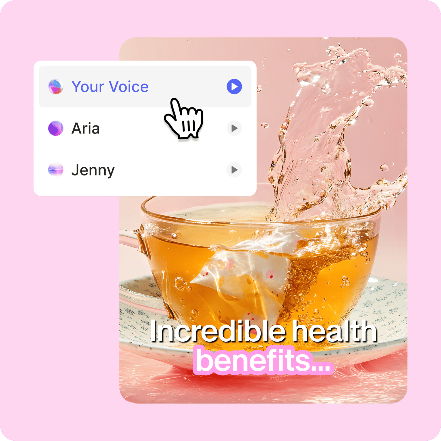 Script-to-video generator with voice selection options including custom voice and AI narration, overlaid on tea splash in glass cup for health benefits content