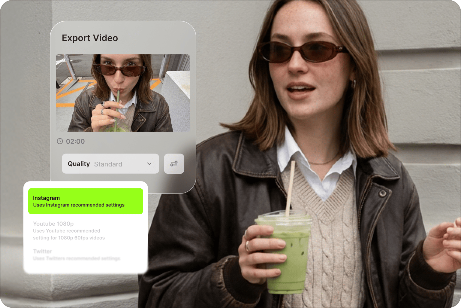 Export video interface overlay showing Instagram settings for social content over woman in sunglasses with green drink