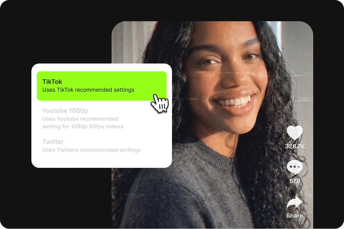A cursor clicks a green TikTok preset button on an export menu overlaying a portrait of a smiling woman.