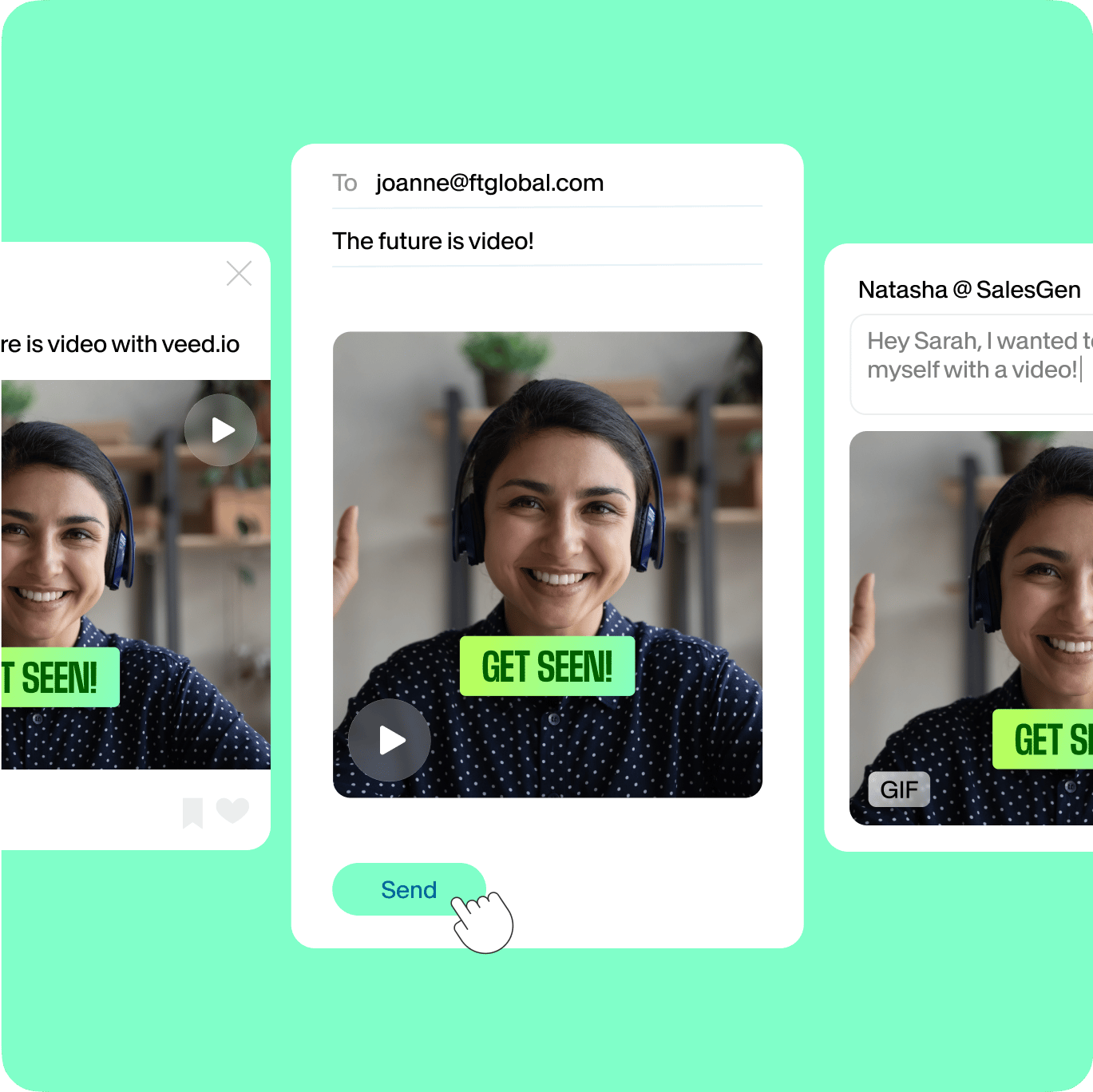 VEED's video sharing interface displaying email recipient jasmine@figmusial.com with 'The future is video!' message and GET SEEN button for distribution.