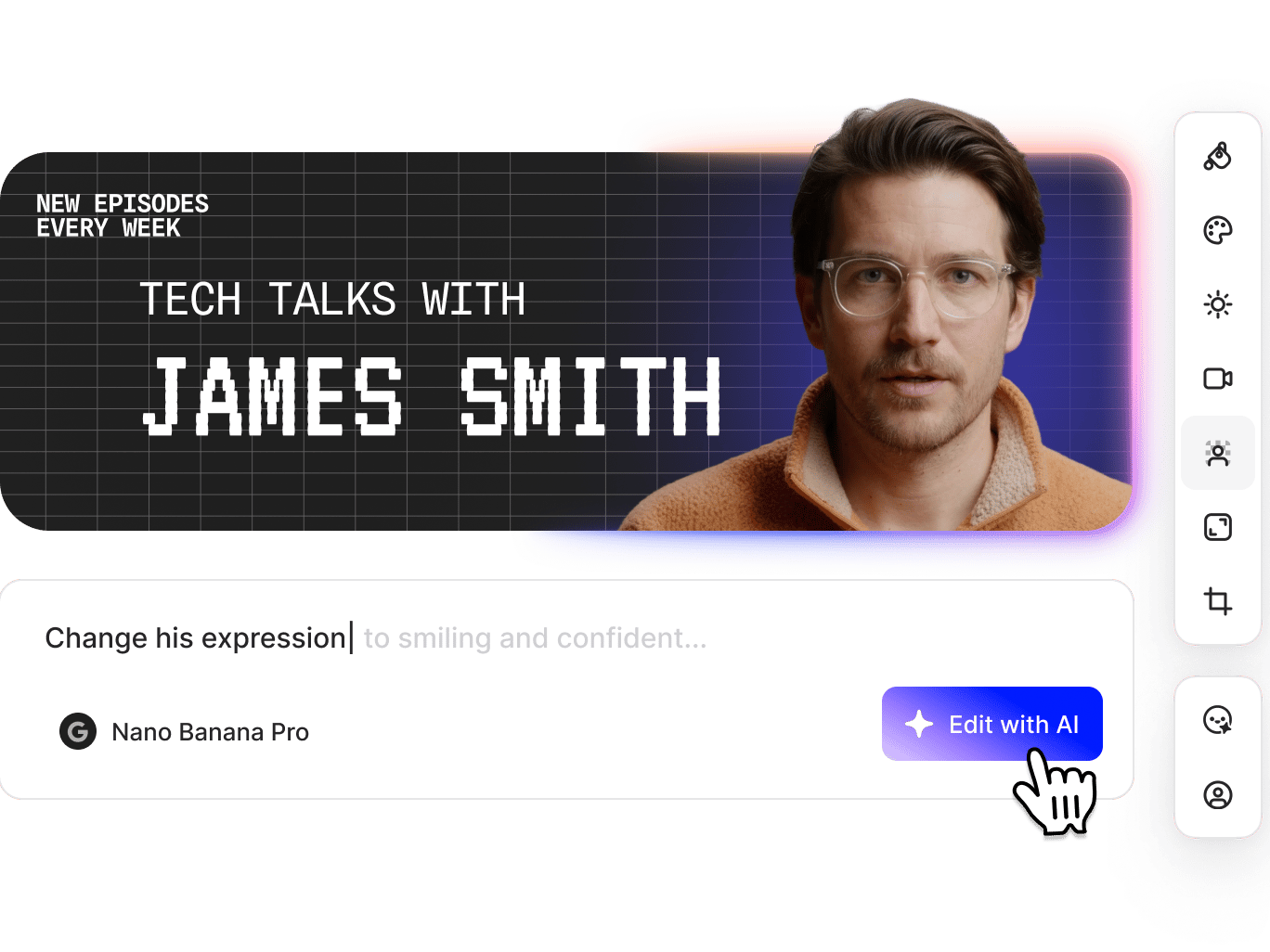 VEED social banner template for 'Tech Talks with James Smith' with customizable purple gradient design and headshot.