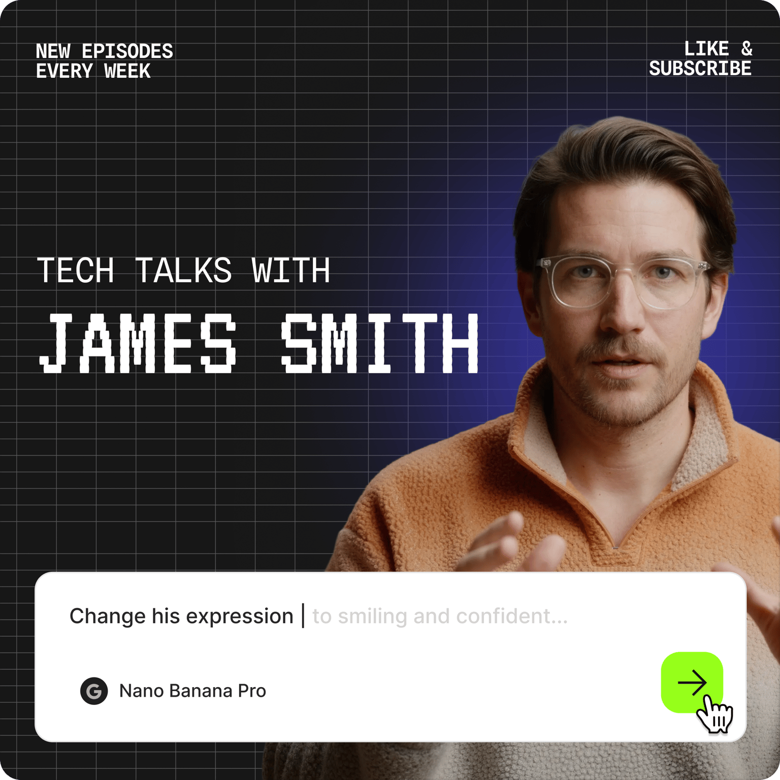 Man speaking in tech talk social banner with title text and call to like and subscribe for weekly episodes