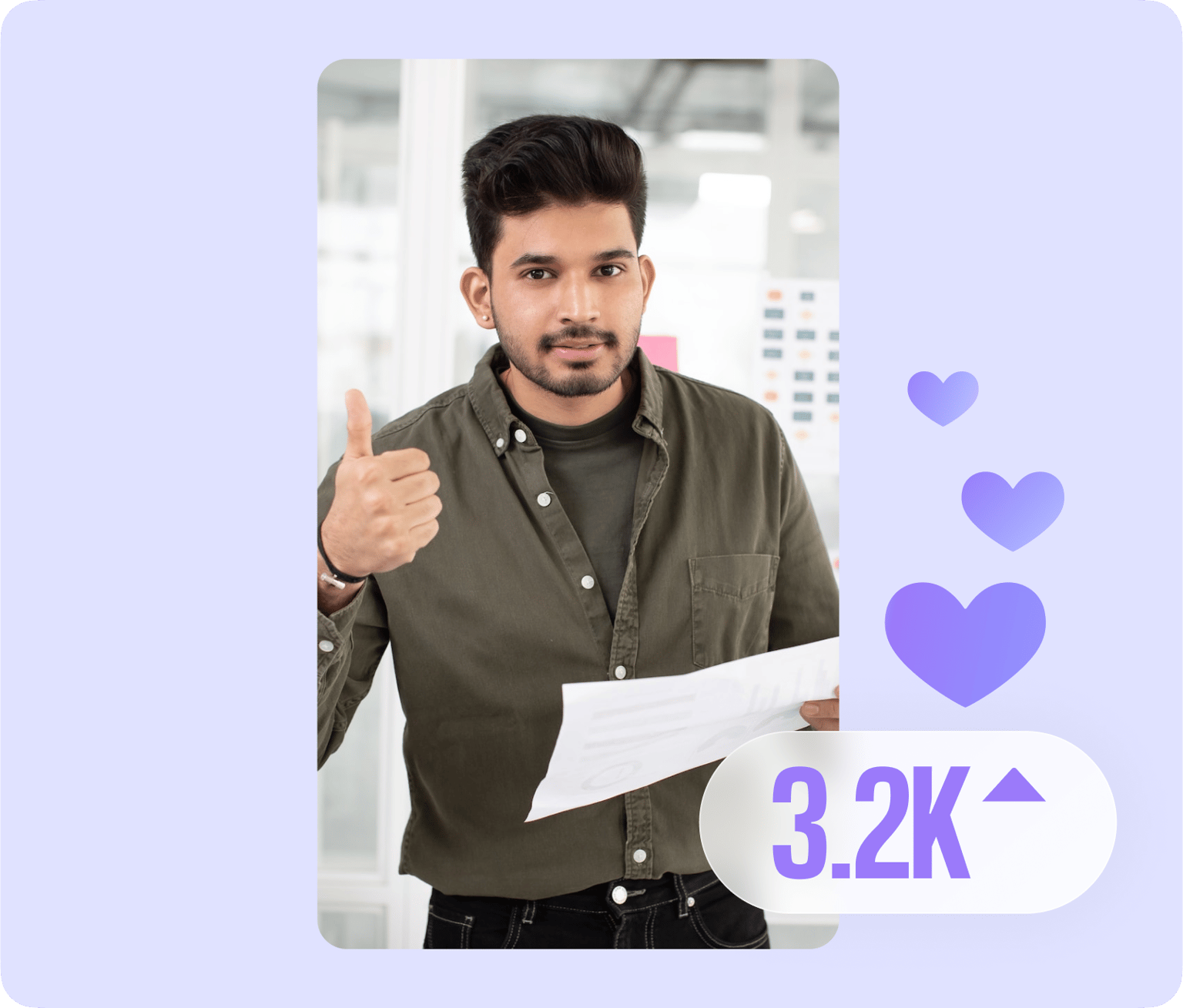 Content creator celebrating social media success with thumbs up gesture, surrounded by heart icons and 3.2K engagement metric.