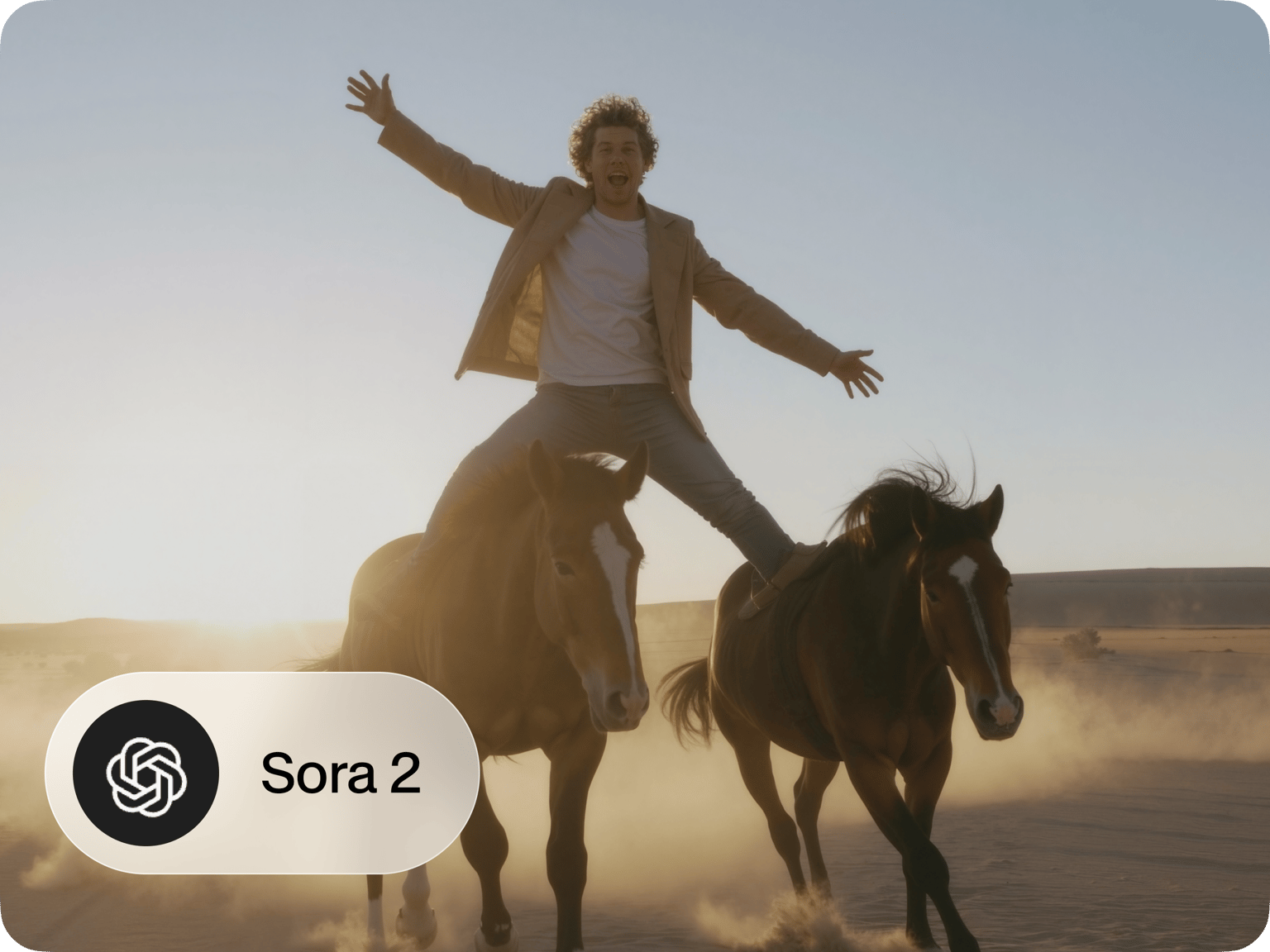 Sora 2-generated video scene showing a person standing on a horse with arms spread wide in a desert landscape.