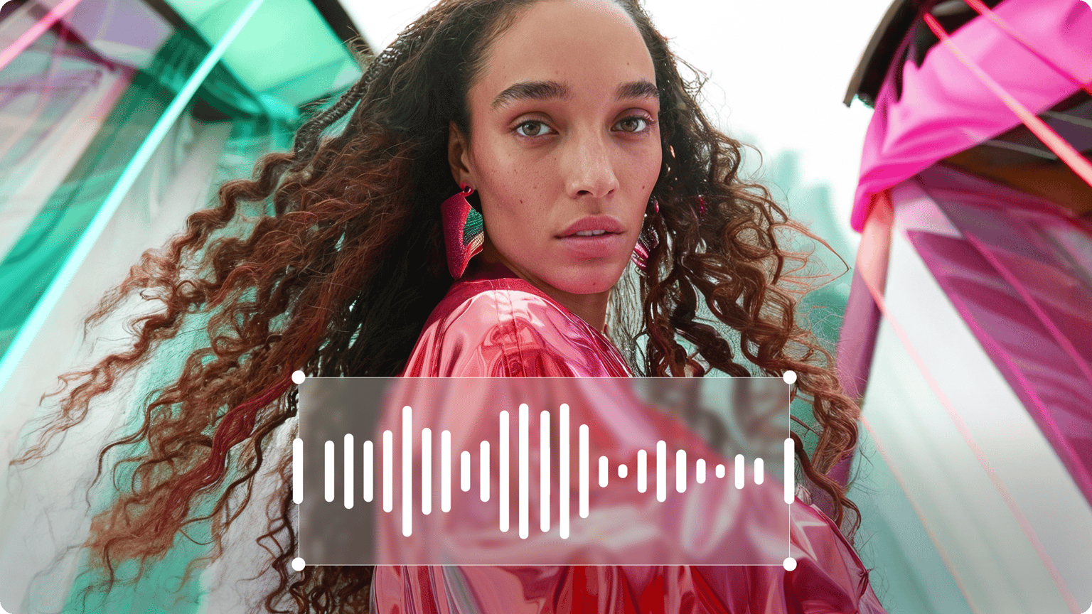 Woman with long curly hair in a pink metallic jacket with a white audio frequency bar overlay from a soundwave maker.