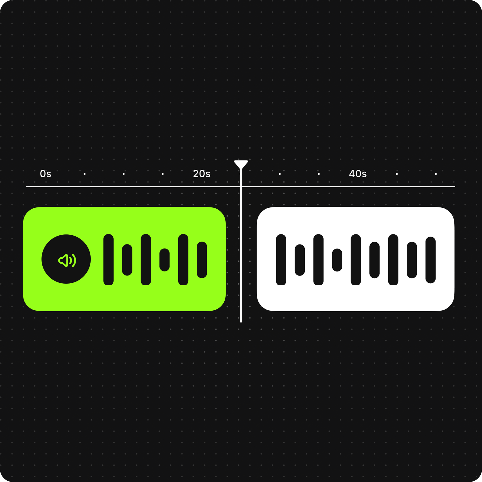 Split audio graphic showing an audio waveform on a timeline being cut into a green track and a white track
