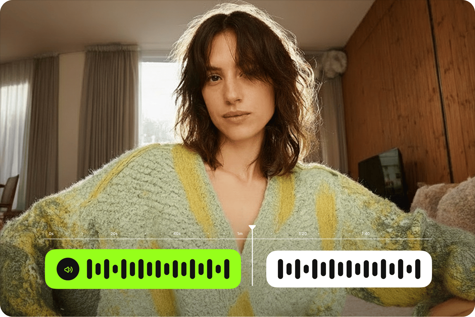 Split audio demo showing a green and white audio waveform being cut on a timeline over a video of a young woman