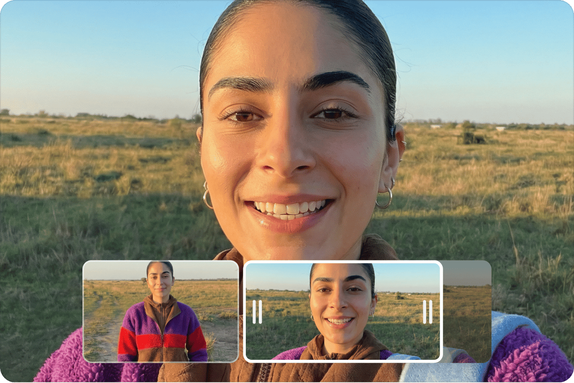 Video splitter interface dividing a vlog clip of a woman outdoors into separate frames on a video editing timeline